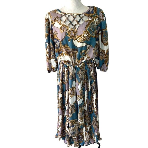 Diane Freis Original Georgette Dress Womens Braid Work Pleated Scarf Vintage - Picture 1 of 16